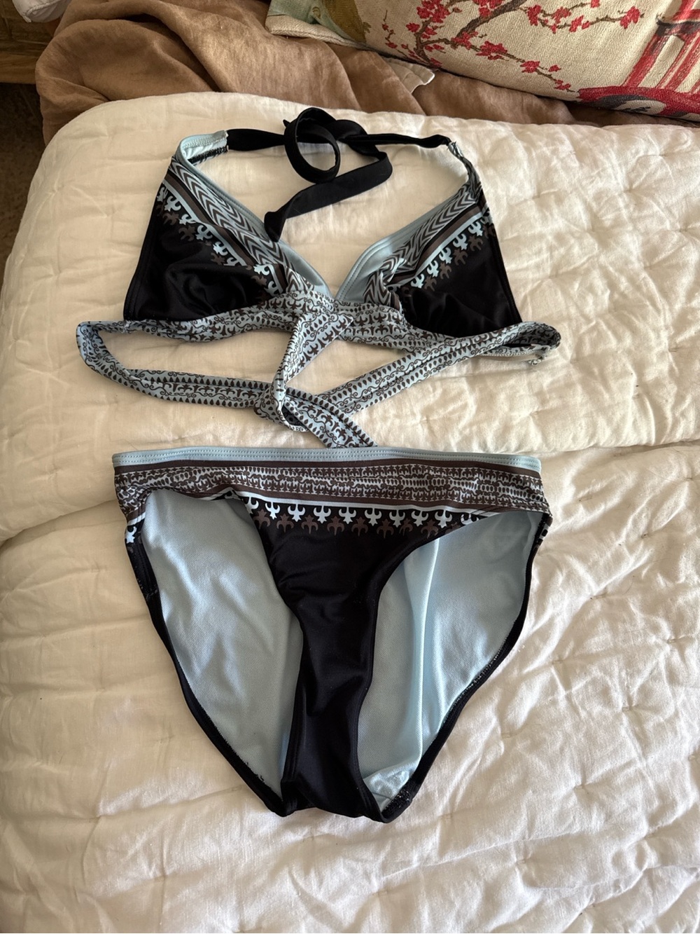 Athleta Bikini Set Small Blue Black Geometric Halter Swimwear